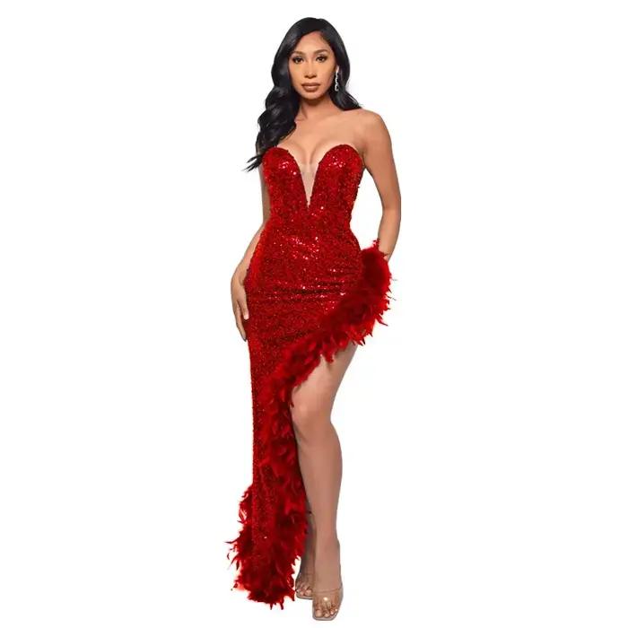 Robes pour femmes, modèle fourreau, bustier, pour soirée et bal de promo, ornées de plumes et de paillettes, magnifiques, coupe ajustée, sexy, dos nu, effet enveloppant sur les fesses, Vestidos