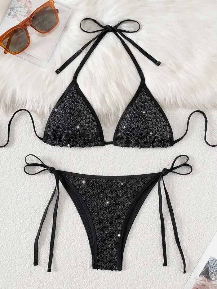 Brillant paillettes noir Bikini ensemble femmes Sexy Push Up soutien-gorge cravate côté Triangle maillot de bain 2025
