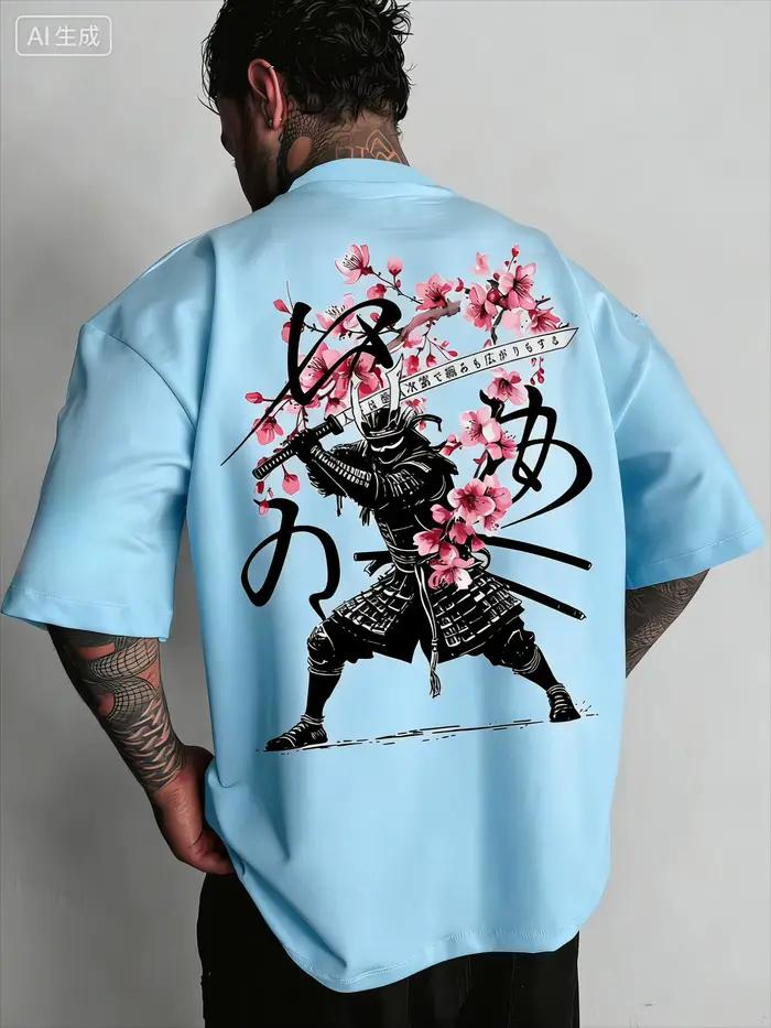 T-shirt imprimé couteau de samouraï japonais à fleurs de cerisier pour homme, décontracté, à manches courtes, idéal pour un usage quotidien, excellent cadeau pour homme