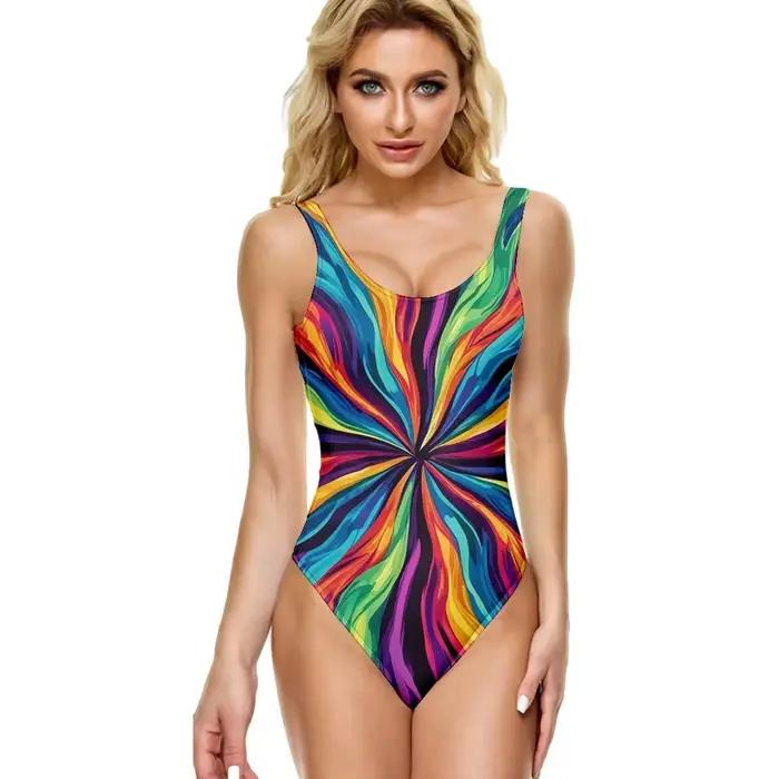 Une pièce Maillot de bain dégradé Psychédélique Sunburst imprimé décontracté ventre contrôle