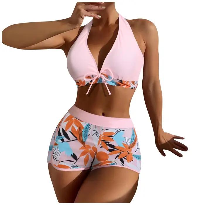 Femmes lambrissé imprimé maillot de bain dames mode Sexy fendu Boxer taille haute