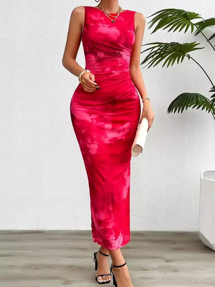 Robe moulante sans manches pour femmes, nouvelle mode imprimée, col rond, amincissante, avec fond fendu, printemps été 2024