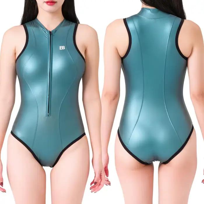 Maillot de bain bikini métallisé brillant sans manches avec fermeture éclair sur le devant