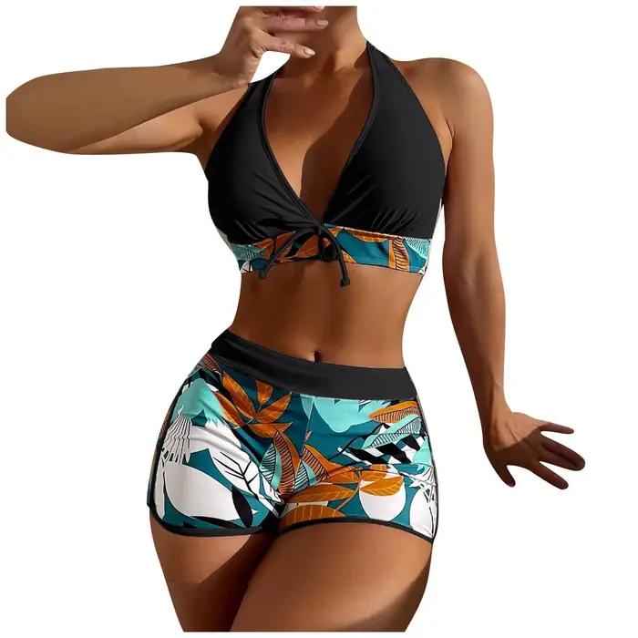 Femmes lambrissé imprimé maillot de bain dames mode Sexy fendu Boxer taille haute