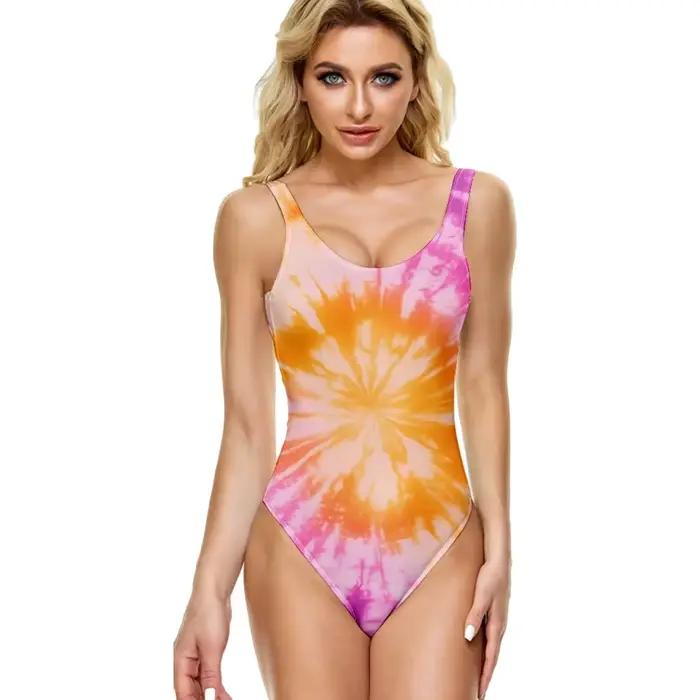 Une pièce Maillot de bain dégradé Psychédélique Sunburst imprimé décontracté ventre contrôle