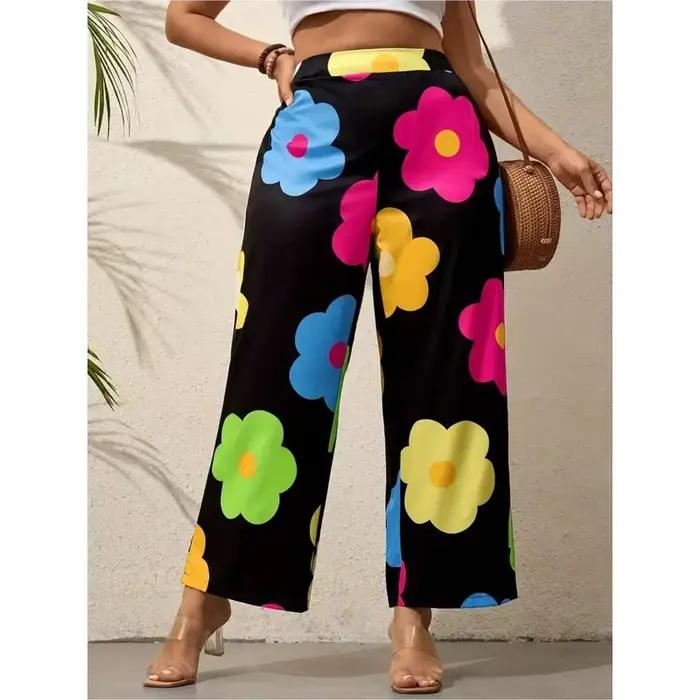Pantalon large à imprimé floral coloré pour femmes, taille haute, style vacances, printemps-été, coupe confortable, pantalon décontracté