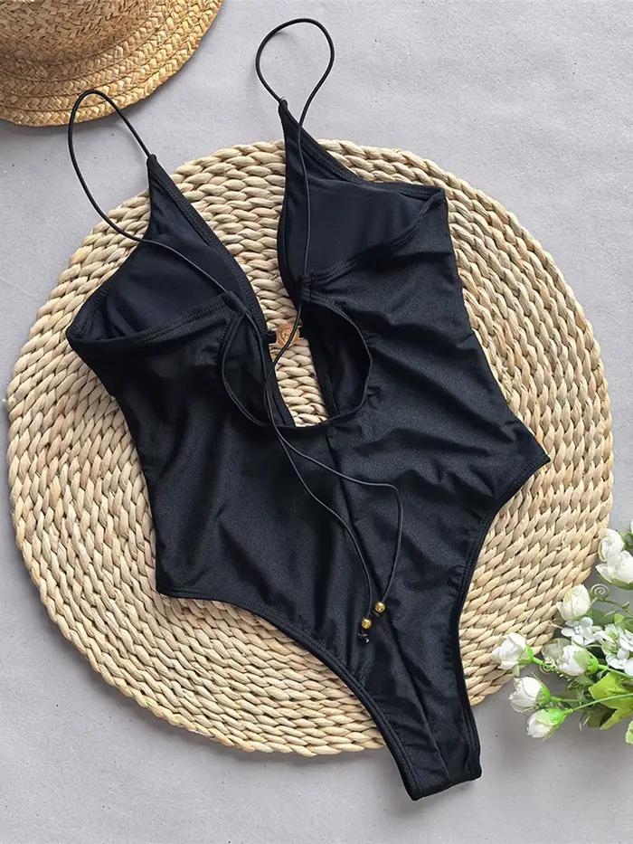 Sexy col en V profond cravate colorant découpé une pièce maillot de bain femmes maillots