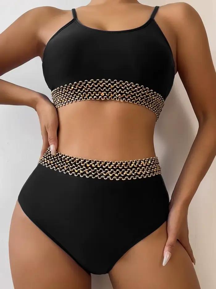 Bikini Taille Haute Femme Coupe Haute Maillot de Bain Rembourré Polyester Elasthanne Occasions Plage Piscine Vacances Fête