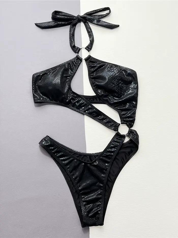 Peau de serpent asymétrique découpé licou une pièce maillot de bain femmes maillots