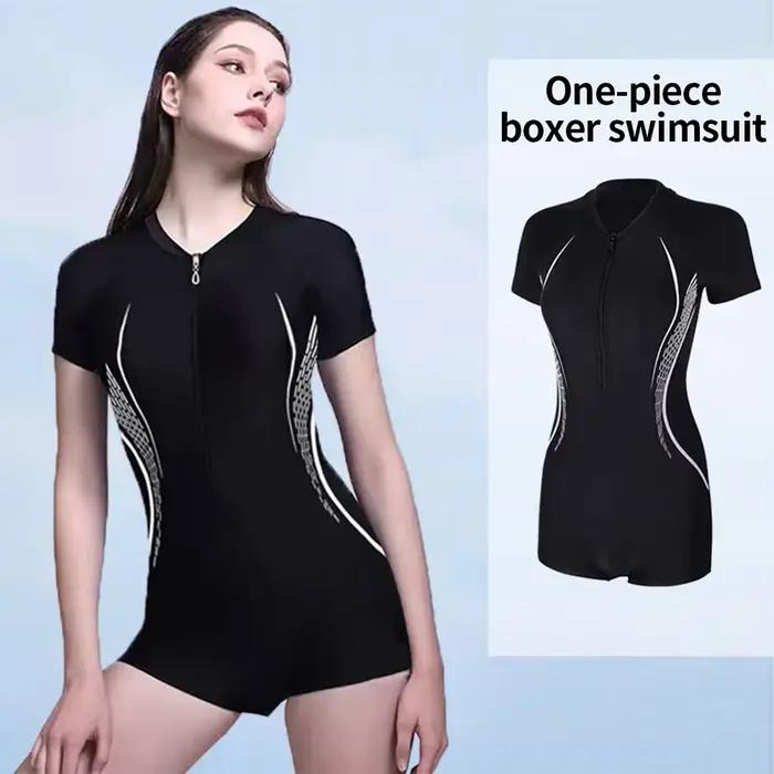 Nouveau maillot de bain à manches courtes femmes une pièce coin plat Surf body fermeture éclair conservateur cacher