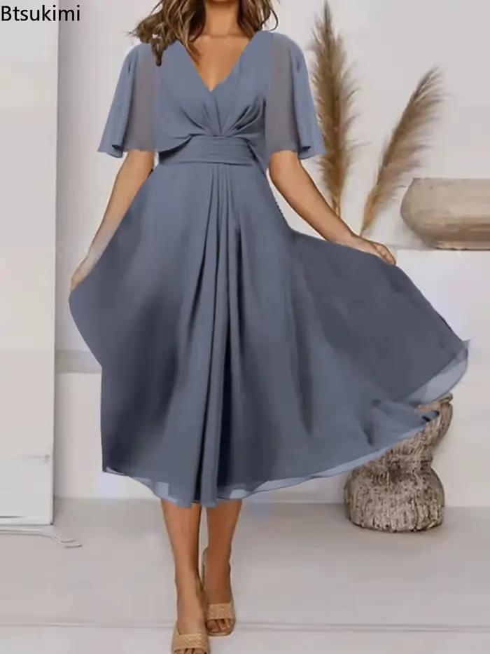 Robe de soirée longue et élégante pour femmes, grande taille, ligne A, col en V, volants, en mousseline de soie, Robe de mariée formelle, éblouissante, 2026