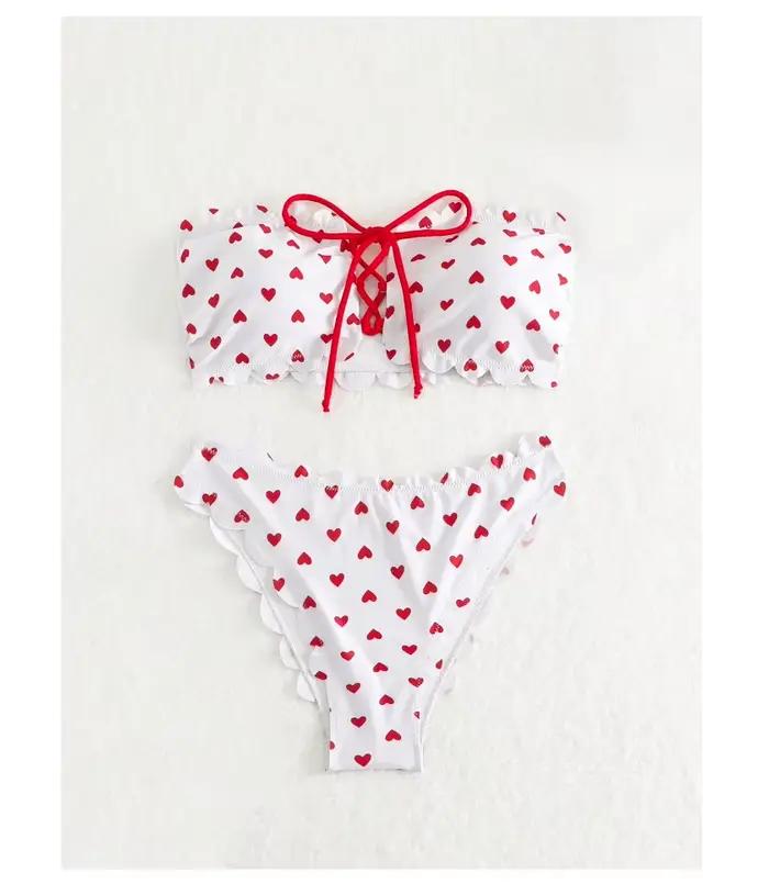 Cikini Swim Mod coeur imprimé Bandeau Bikini ensemble Valentine été maillot de plage