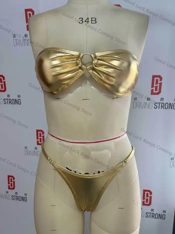 Sexy Bandeau Bikini 2025 femmes or noir anneau en métal lié évider Push Up Micro maillot de bain brillant