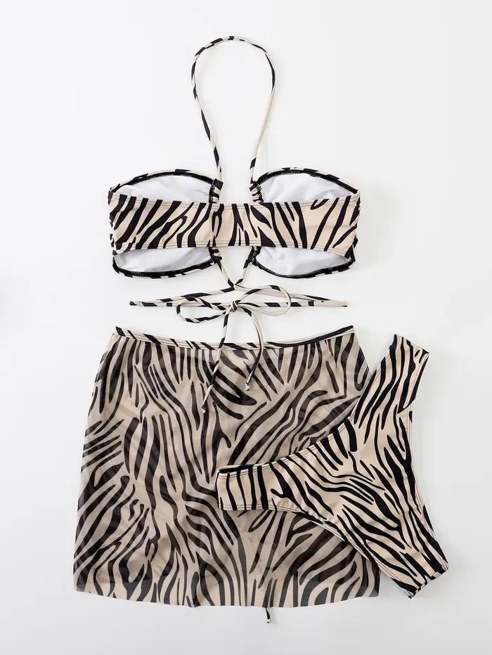 Ensemble de 3 bikinis à rayures zébrées pour femmes, maillot de bain à lacets, jupe de plage, maillot de bain rembourré pour femmes, vêtements de plage d'été, polyester et élasthanne, style de plage, junior, confort et flexibilité, pour les vacances et les sorties estivales