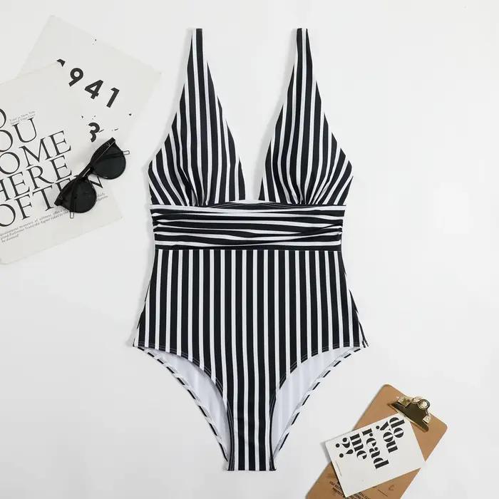 Maillot de bain une pièce rayé vintage col en v pour femmes vêtements de plage été 2023 polyester ajustement parfait occassions spéciales