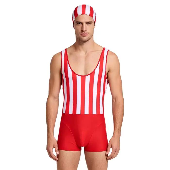 Combinaison de bain rayée pour homme, séchage rapide, sans manches, une pièce, avec bonnet, pour le sport et le fitness, sous-vêtements, shorts