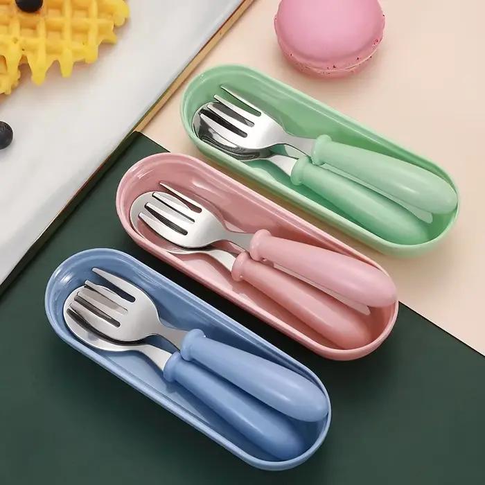 Ensemble d'ustensiles pour enfants, 3 pièces, cuillère fourchette en acier inoxydable 304 pour tout-petits avec étui Portable, couverts de voyage pour enfants, vaisselle cadeau