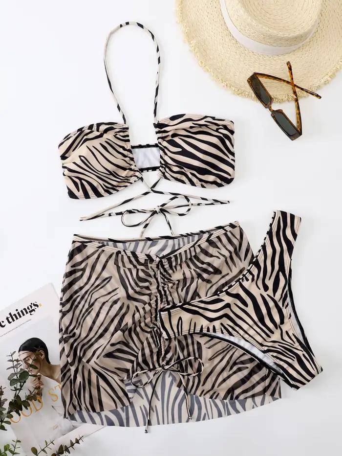 Ensemble de 3 bikinis à rayures zébrées pour femmes, maillot de bain à lacets, jupe de plage, maillot de bain rembourré pour femmes, vêtements de plage d'été, polyester et élasthanne, style de plage, junior, confort et flexibilité, pour les vacances et les sorties estivales