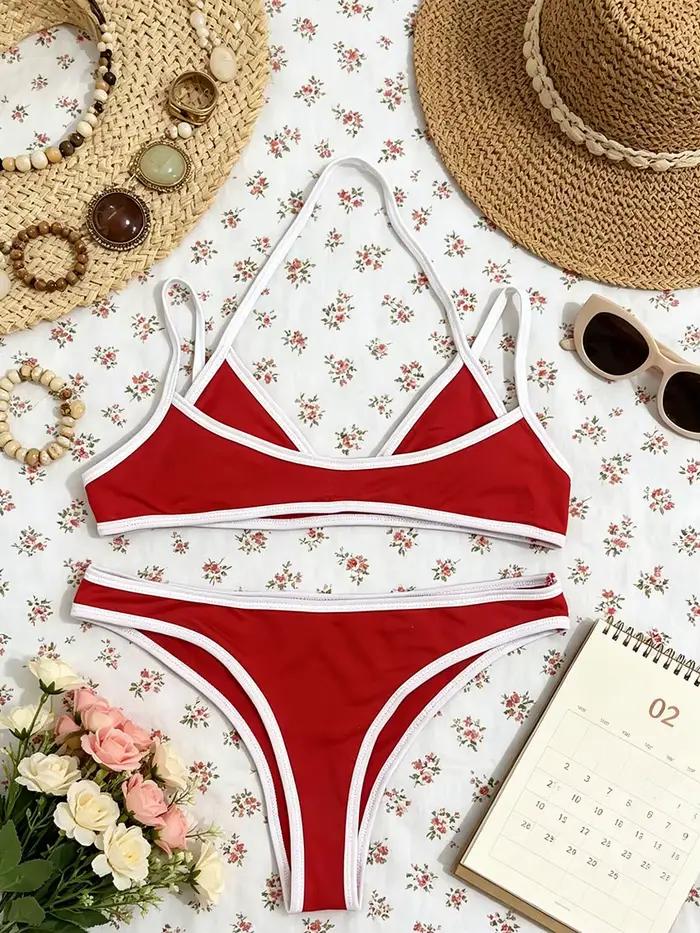 Maillot de bain deux pièces Harajuku haut de bikini triangle double bretelle spaghetti bas de maillot coupe haute minimaliste pour femmes plage piscine fête vacances