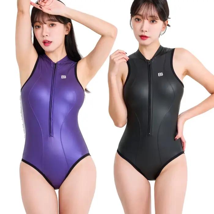 Maillot de bain bikini métallisé brillant sans manches avec fermeture éclair sur le devant