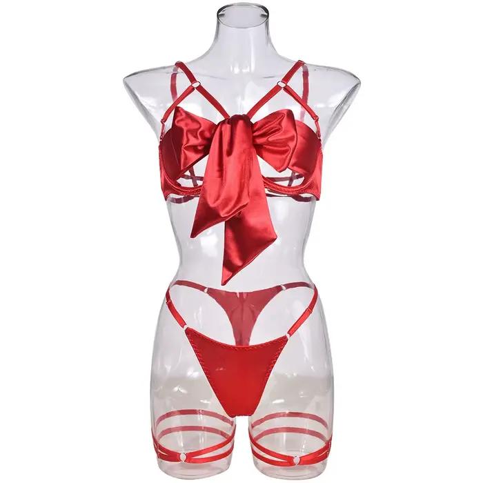 Lingerie européenne et américaine, avec nœud exquis et ajouré, ensemble trois pièces sexy avec anneau en acier, offre spéciale, nouvelle collection