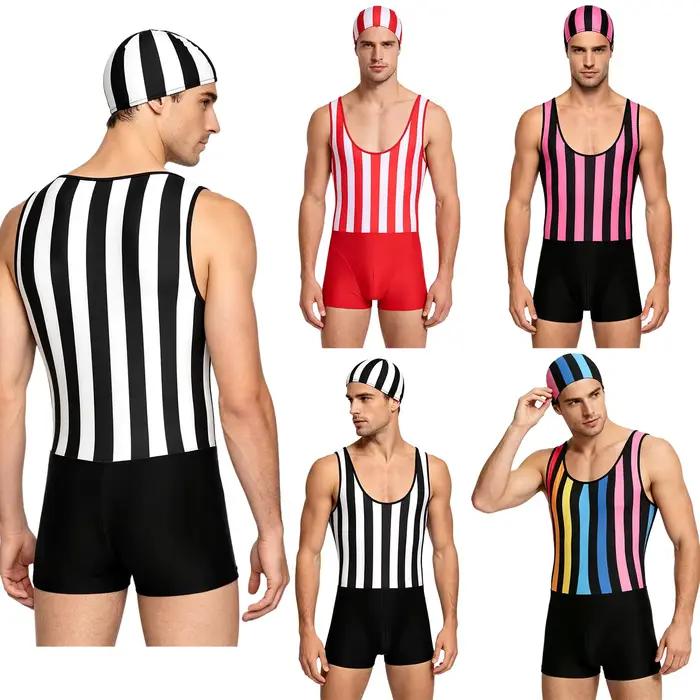 Combinaison de bain rayée pour homme, séchage rapide, sans manches, une pièce, avec bonnet, pour le sport et le fitness, sous-vêtements, shorts