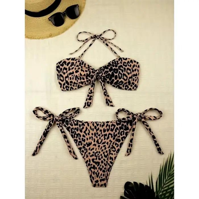 Nouveau Maillot de Bain Bikini Femme 2025 Imprimé Léopard Sexy Confortable Séchage Rapide Col Halter Tissu Polyester