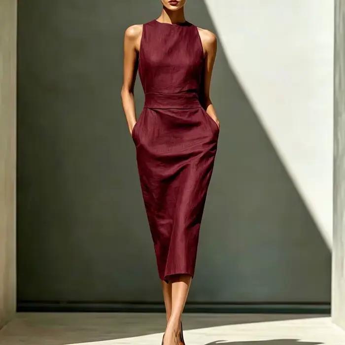 Robe longue fourreau bohème d'été sans manches taille haute pour femme, col rond, élégante, unie avec poches, idéale pour le bureau, le travail ou les soirées décontractées