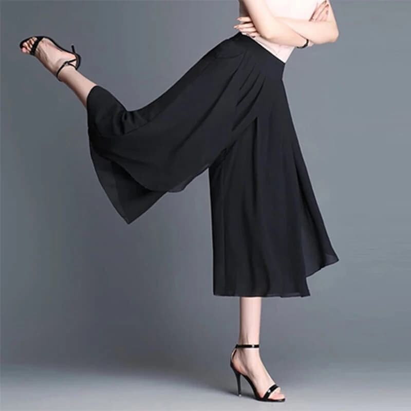 Pantacourt en mousseline de soie, taille haute, élastique, slim, élégant, jambes larges, mi-long, lo