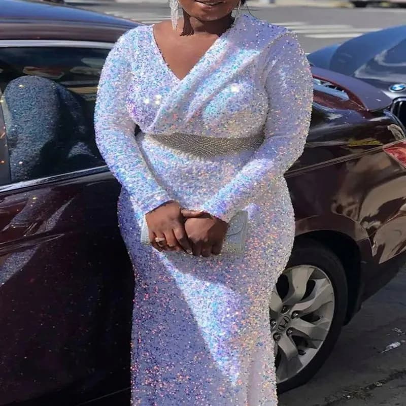 Robes de soirée grande taille pour les femmes africaines grande taille robe longue à paillettes blan