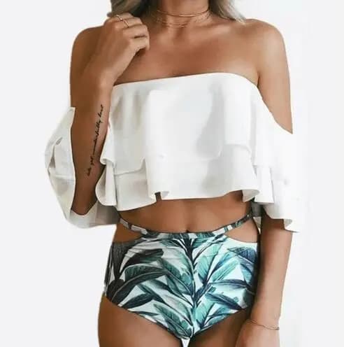 Maillot de bain deux pièces pour femme, haut court à volants et épaules dénudées, avec bas de bikini
