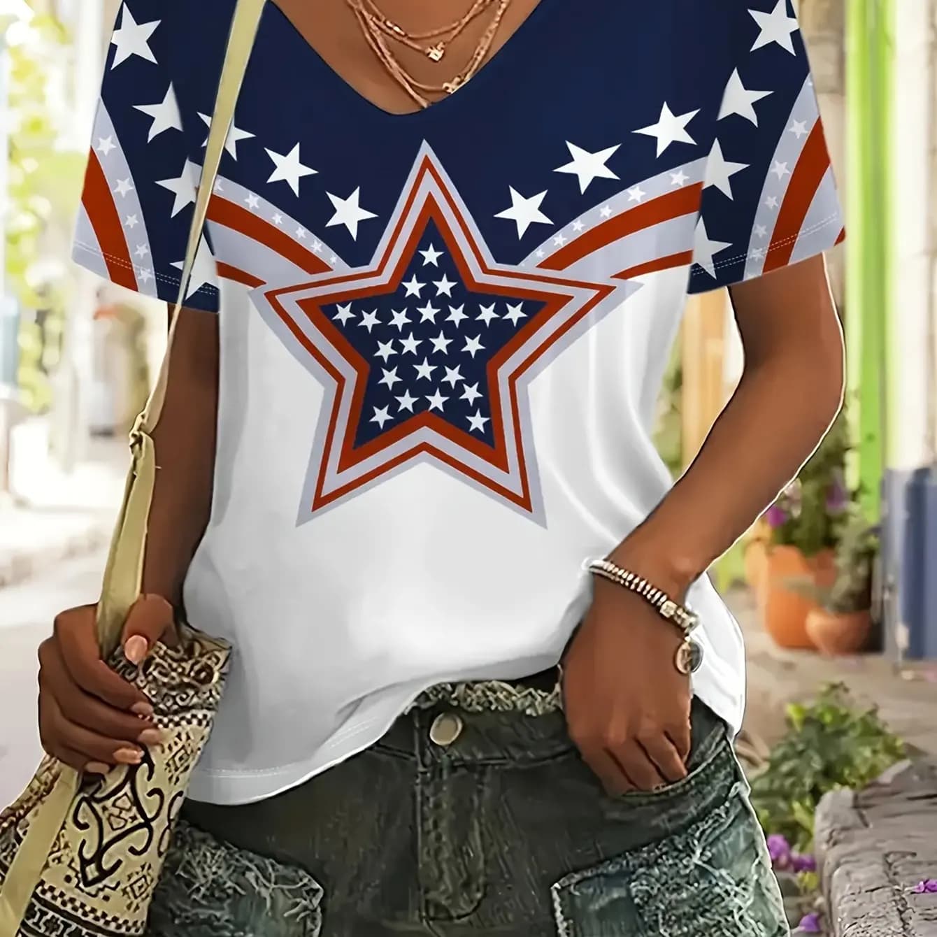 2025 nouveau T-Shirt femme imprimé étoile grande taille haut drapeau américain été femmes vêtements