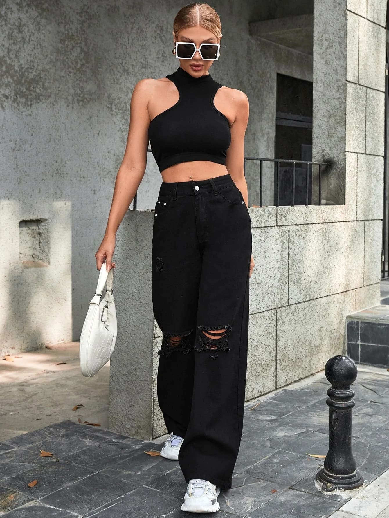 Jean décontracté déchiré taille haute à jambe large pour femme, collection 2026