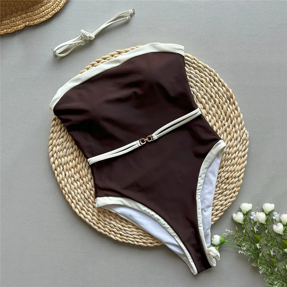 Maillot de bain sexy sans bretelles marron pour femmes, maillot de bain une pièce 2026, bord blanc,