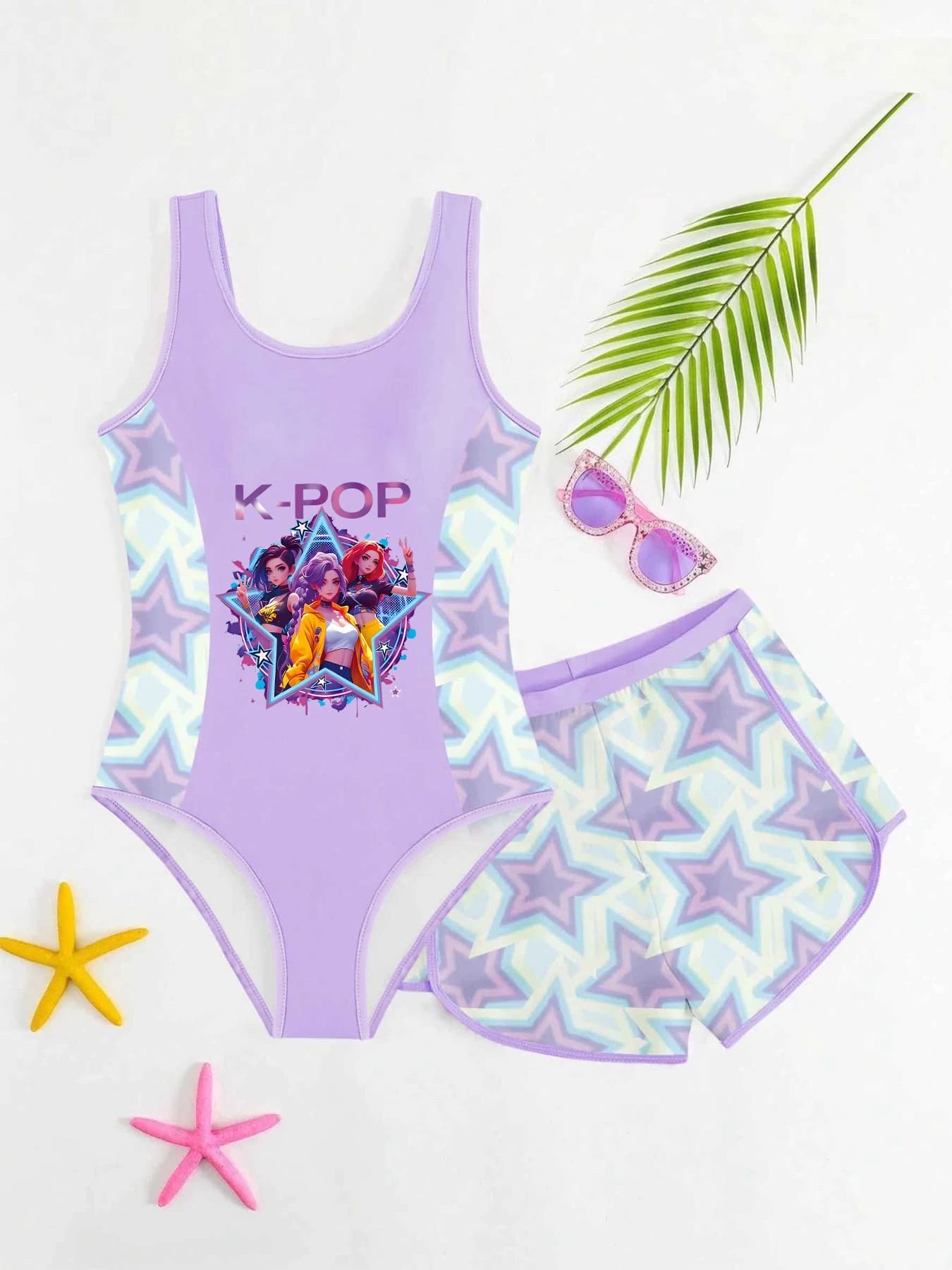 Maillot de bain deux pièces Sweet & Cool pour filles, dégradé rose et violet avec imprimé dessin ani