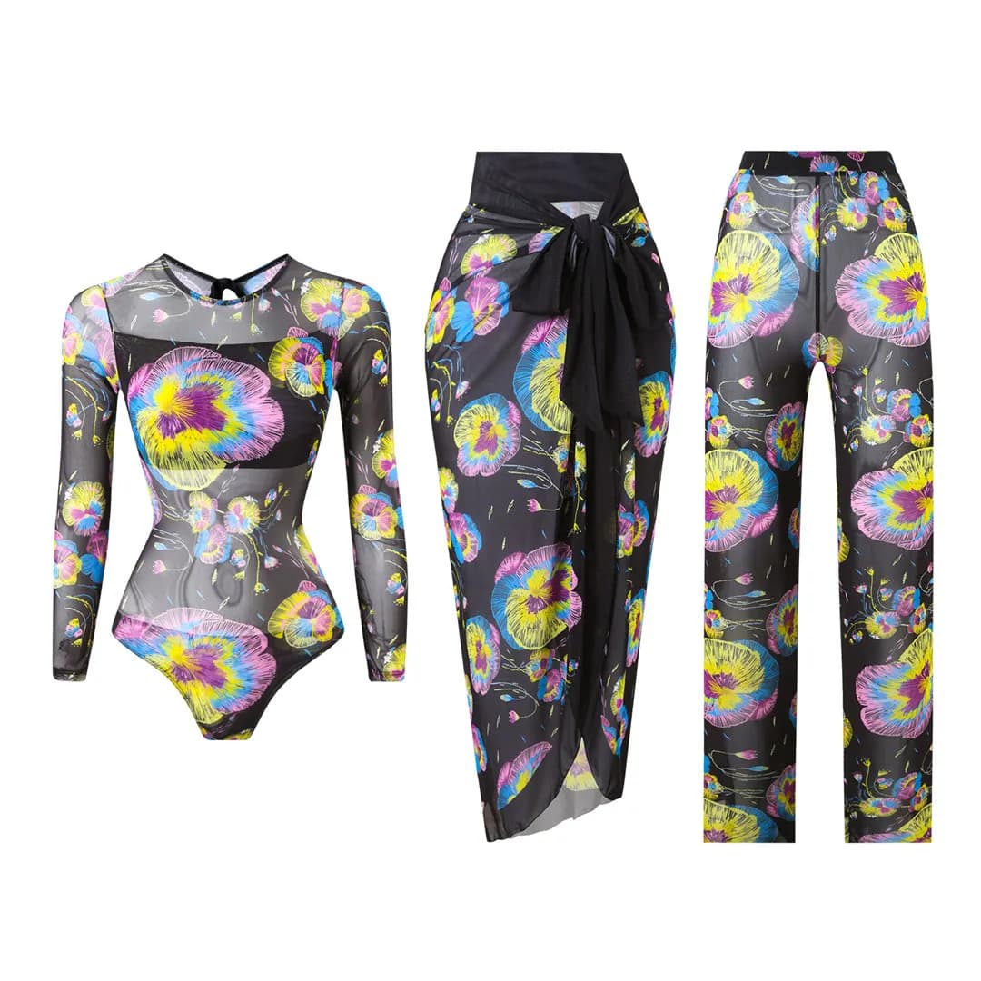 S - XXL 3 pièces nouveau imprimé à manches longues avec pantalon Sarong femmes maillots de bain une