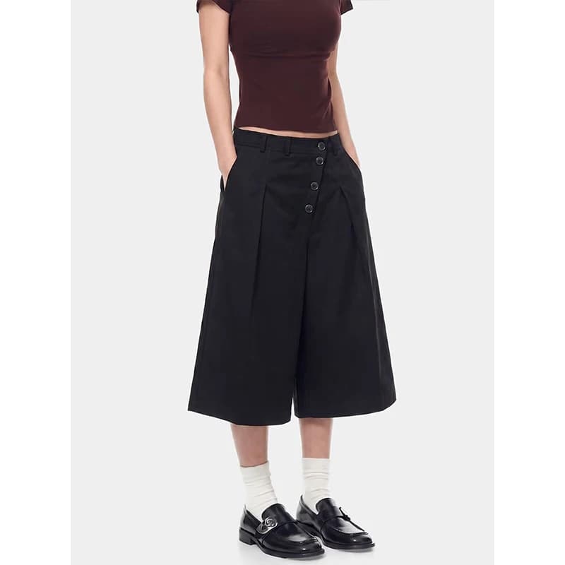 Nouveau pantalon plissé noir à taille haute élastique et boutons, coupe large décontractée, pour fem