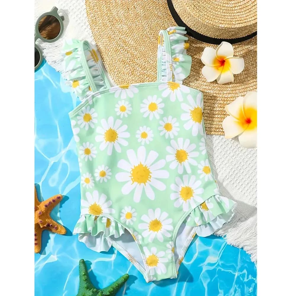 Maillot de bain une pièce imprimé Floral, extensible, à volants, sans manches, pour enfants de 2 3 4