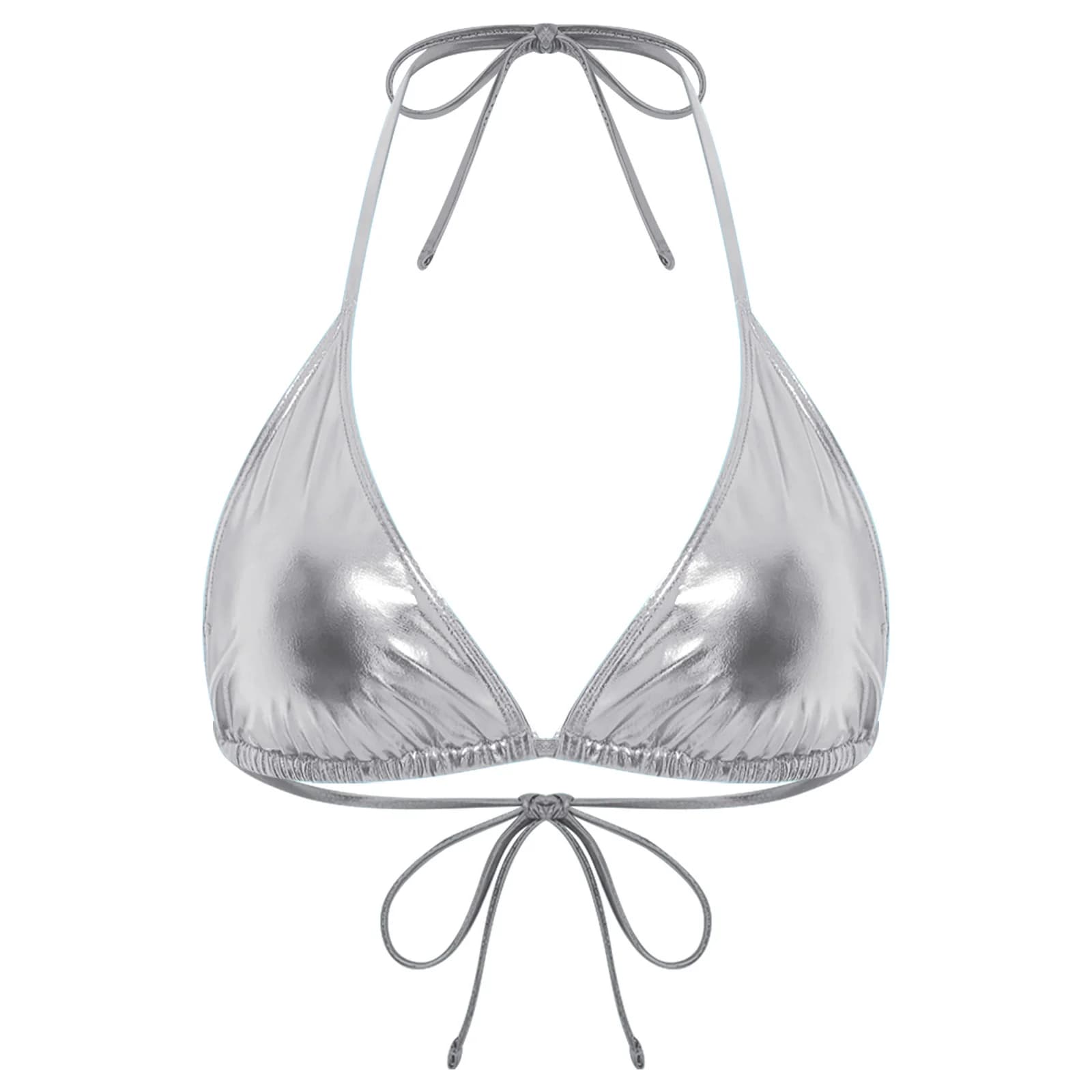 Maillot de bain bikini pour femme, haut de soutien-gorge métallique brillant, à nouer, col licou, Tr
