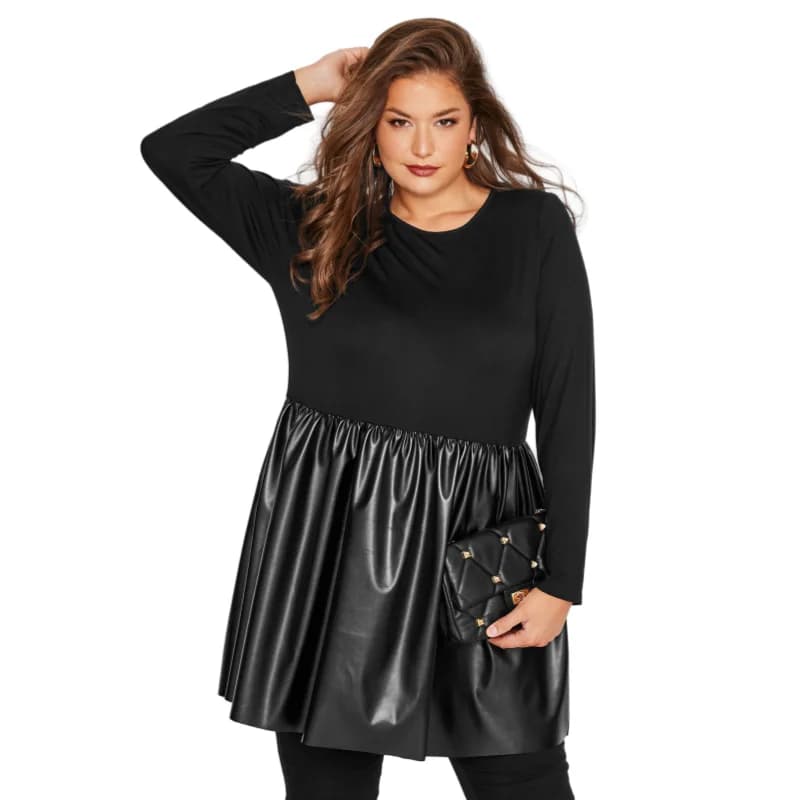 Chemisier péplum élégant à manches longues pour femmes, grande taille, tunique bloquée en cuir Pu, h