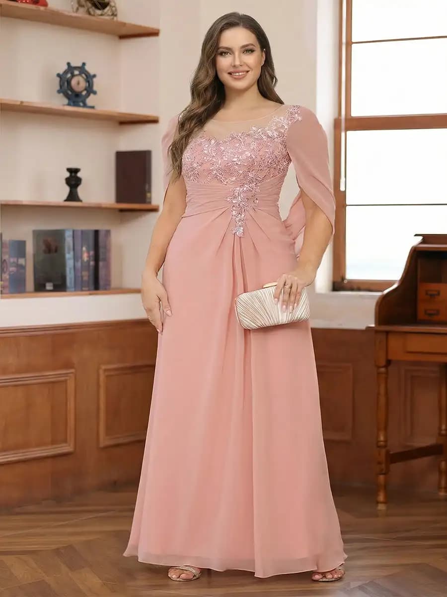 Robe de cérémonie grande taille pour mère de la mariée, en mousseline plissée avec appliques en dent