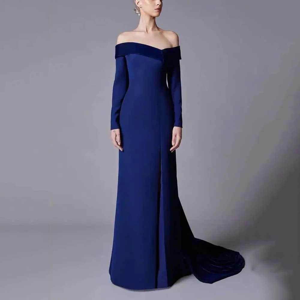 Yipeisha-Robe de Soirée en Jersey Bleu Simple et Élégante, Manches sulf, Fendue au Sol, avec Traîne