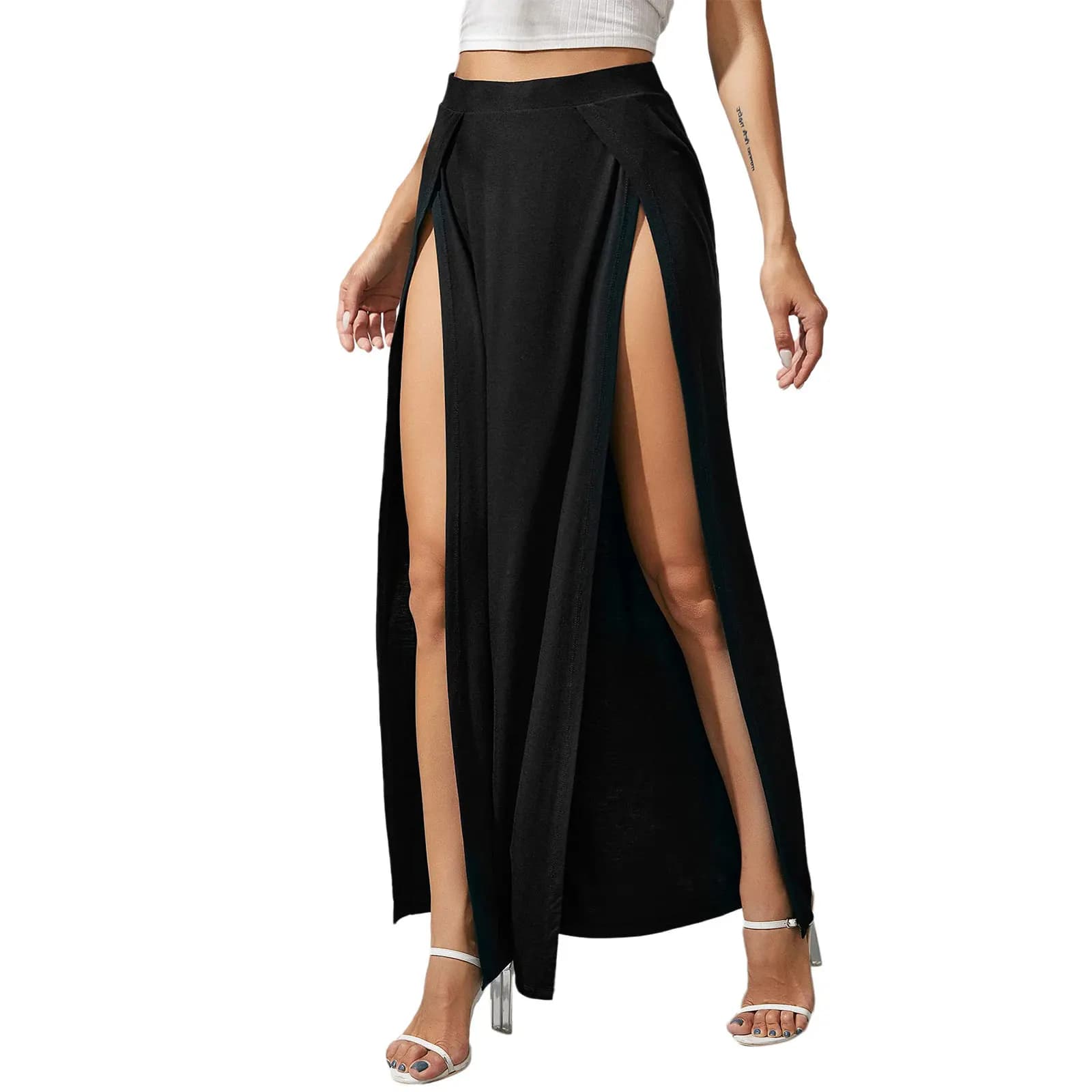 Jupes élastiques taille haute pour femmes, couleur unie, fente sur le côté, jupe longue, vêtements d