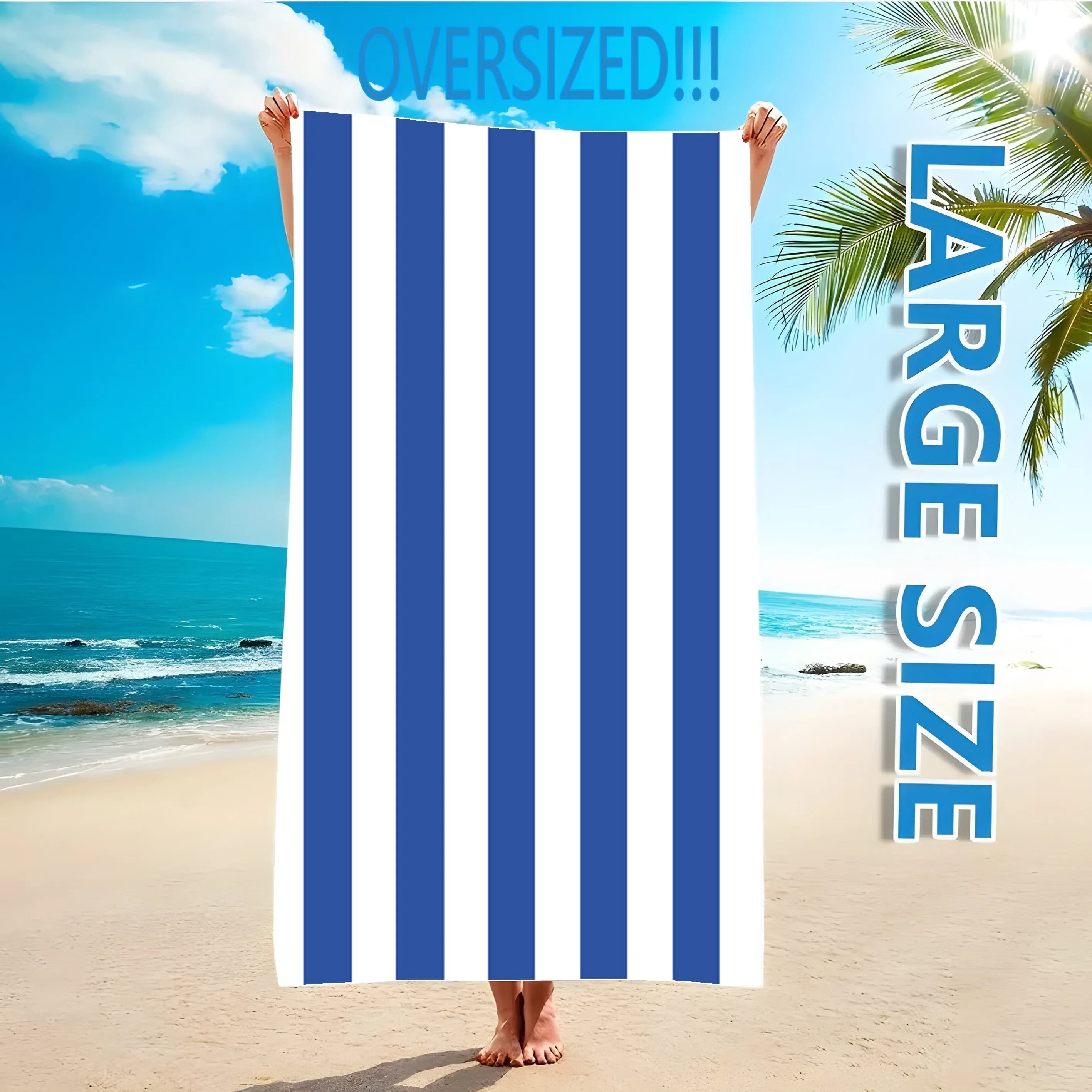 Grande serviette de plage surdimensionnée à rayures bleues et blanches pour un bain de soleil ultime