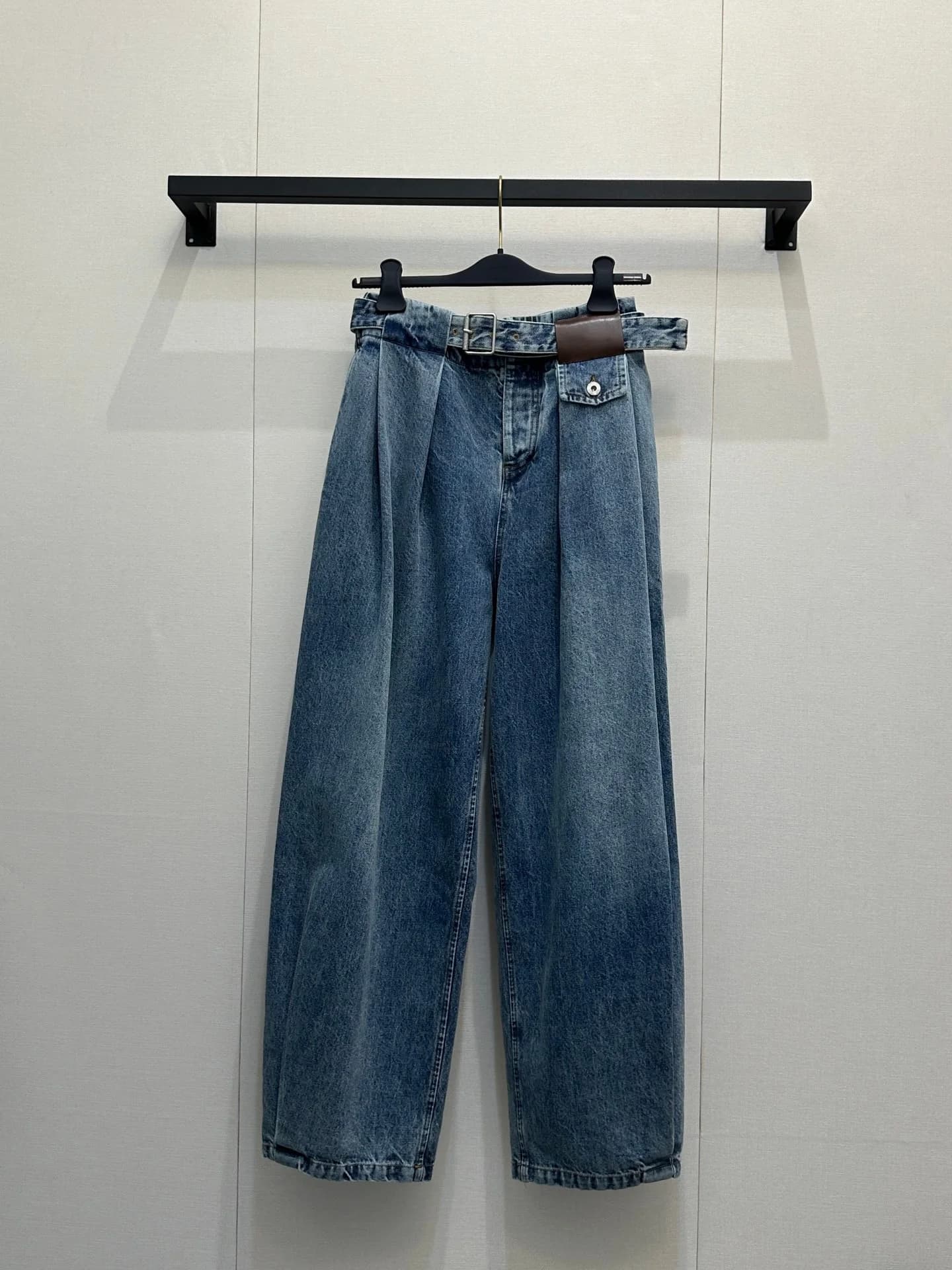 Jean plissé taille haute pour femme, coupe large, style rétro, délavé bleu, décontracté et confortab