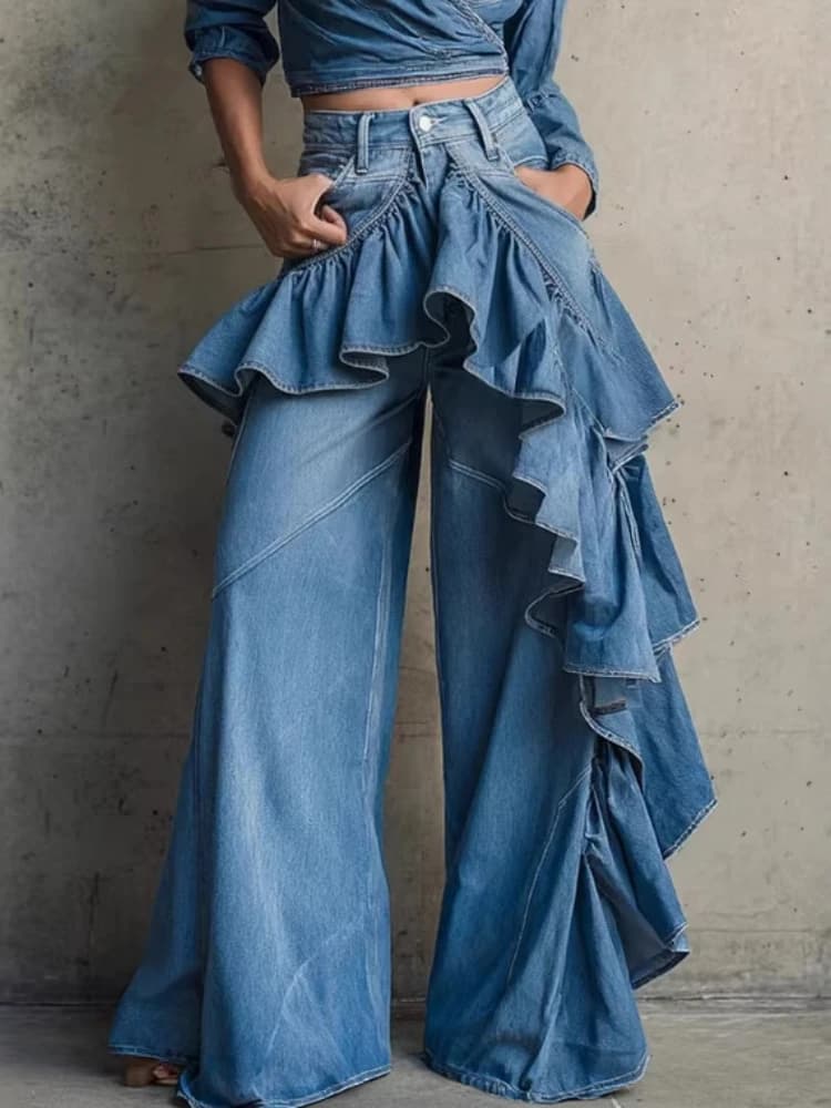 Jean en denim taille haute pour femme, coupe large, avec volants asymétriques superposés, style évas