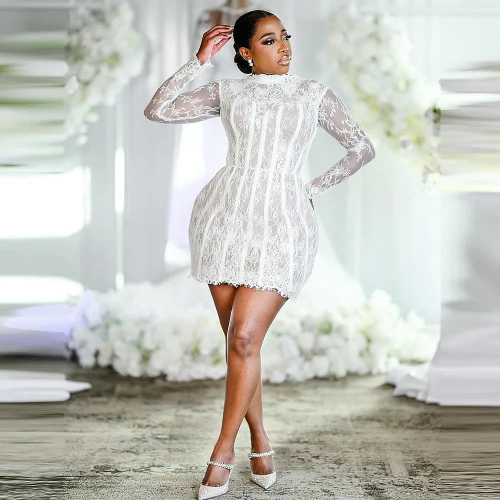 Robe de mariée sirène grande taille Aso Ebi pour femme, en dentelle, avec col montant, manches longu