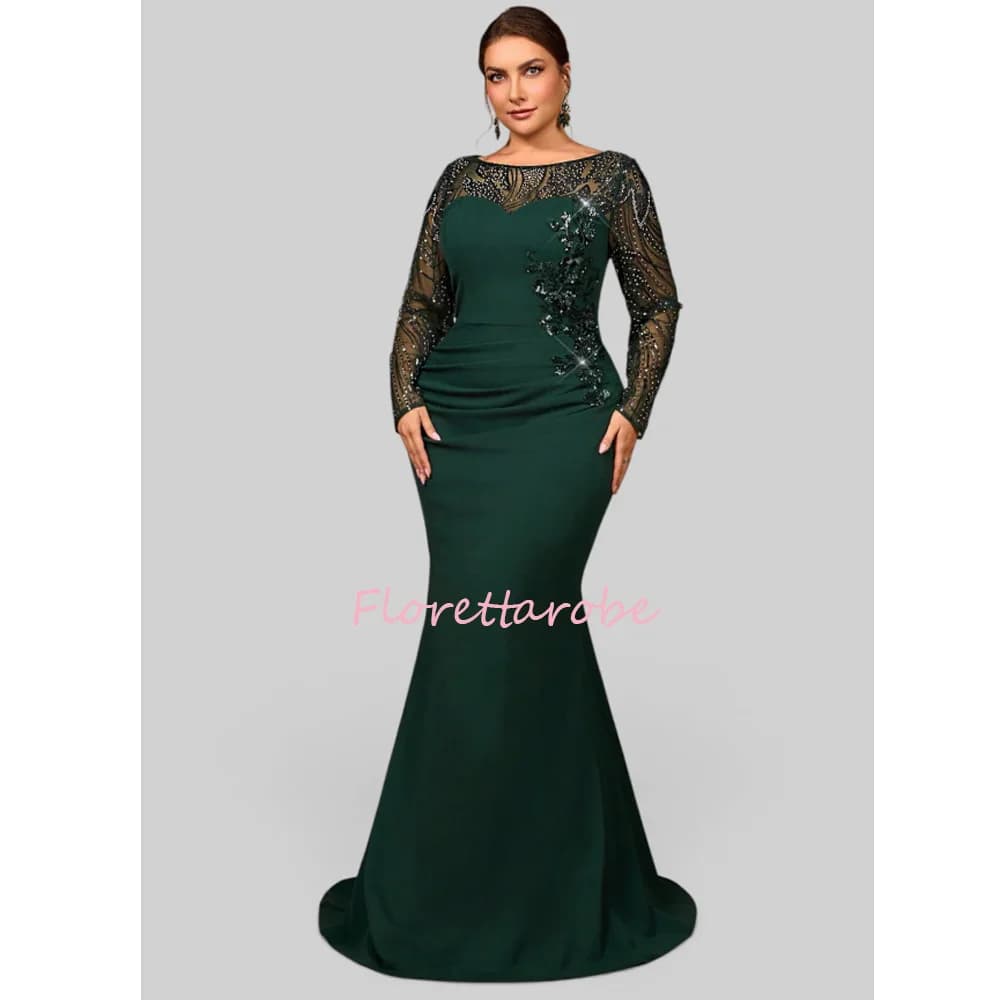 Robes de mère de la mariée grande taille à col rond pour femmes, manches longues, sequins, perles, a