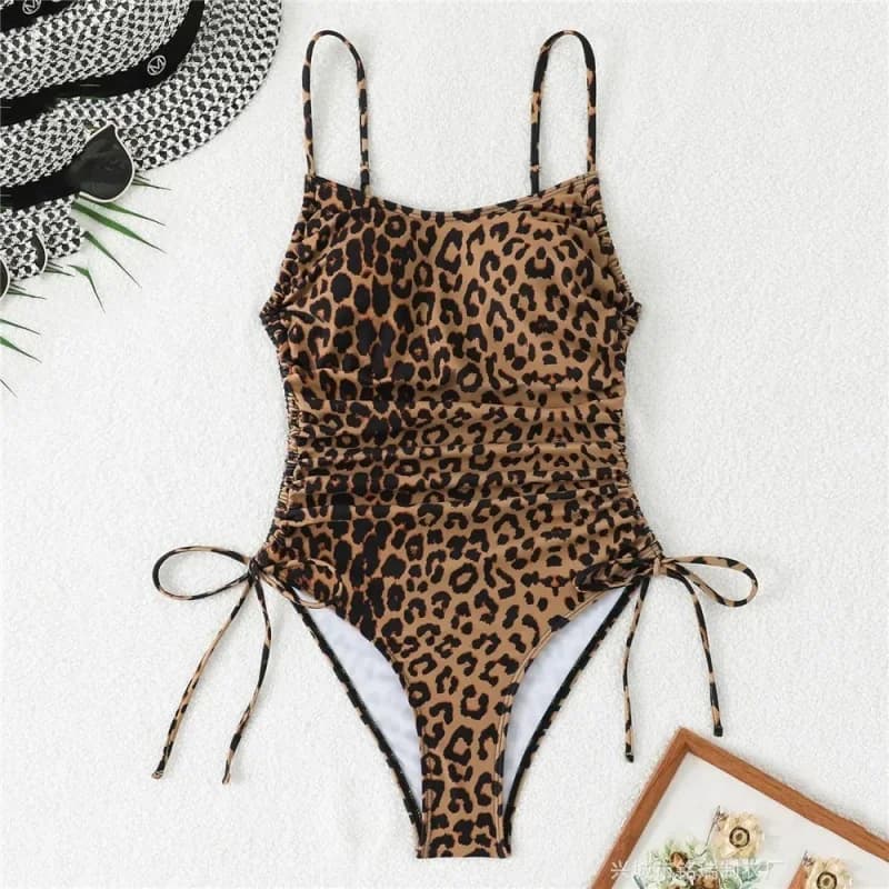 Maillot de bain une pièce sexy imprimé léopard pour femme, dos nu, avec cordon de serrage latéral et