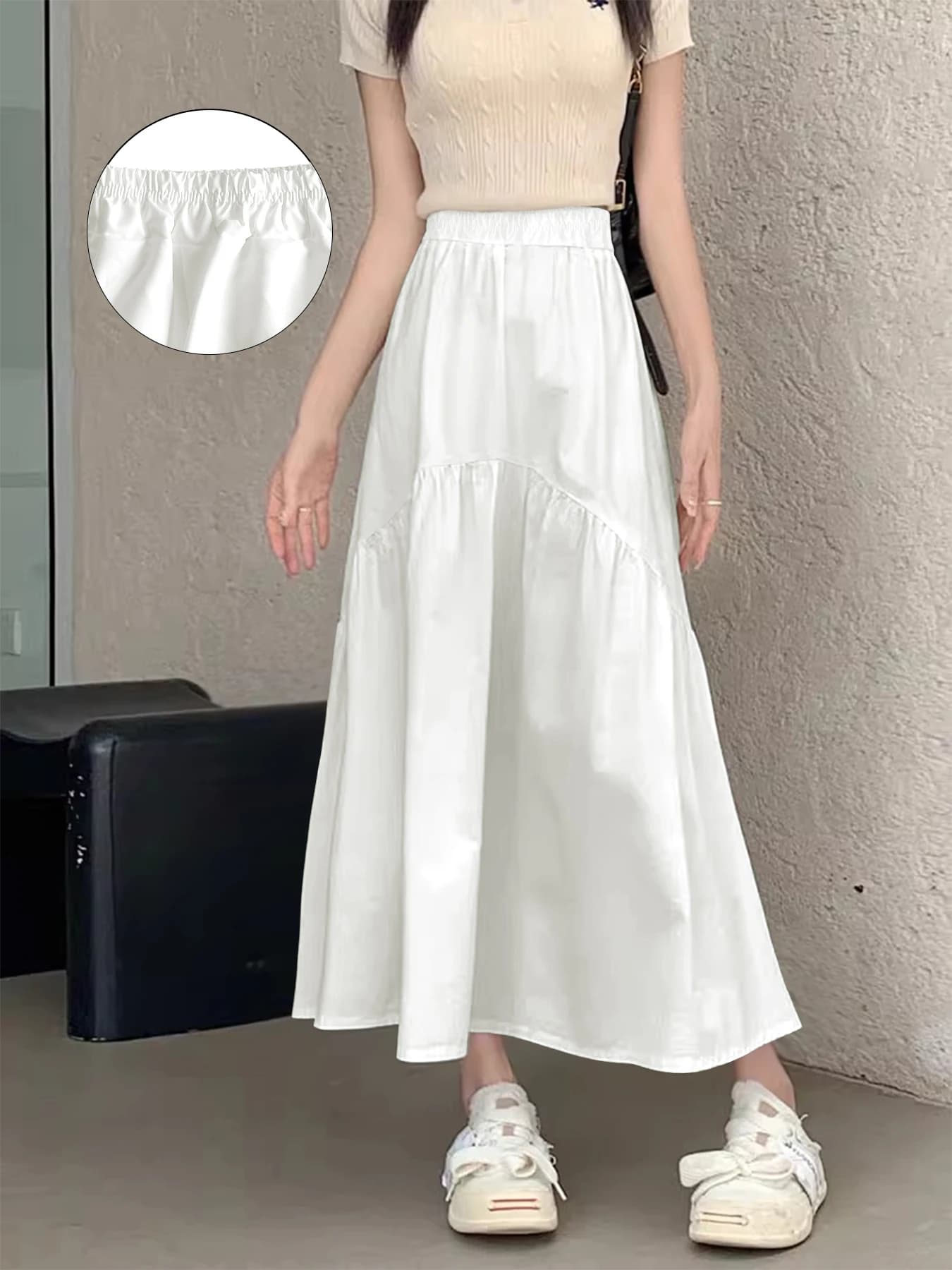 Jupe longue plissée à volants, taille haute élastique, coupe trapèze pour femme